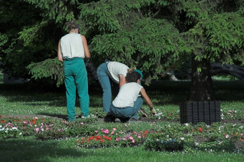 In a lush garden scene, three individuals are engaged in gardening activities beneath a large, leafy tree with dense green foliage. One person, standing with their back to the camera, wears a sleeveless top and teal trousers, observing the other two. The second individual, crouched down, appears to be planting or tending to a flower bed, while the third, also crouched, is actively working close to the ground amidst a variety of small, colourful flowering plants. The foreground features a well-maintained lawn with a mixture of grass and flower borders, and the background showcases additional trees and shrubbery. The garden surface consists of neatly edged flower beds with soil visible in some areas, and the overall scene suggests a peaceful, well-kept outdoor space indicative of professional gardening and landscaping services typical of Highgate, London, with natural lighting from a partly cloudy sky. This outdoor environment highlights the attention to detail in garden maintenance that companies like Landscapers Highgate offer, including planting, lawn care, and landscape enhancement for residential outdoor spaces.
