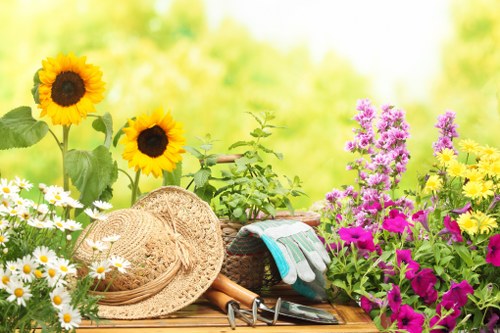 A vibrant garden scene featuring a wooden outdoor table decorated with an assortment of gardening tools, a straw sun hat, and gloves, set against lush greenery and blooming flowers. Sunflowers with bright yellow petals and dark centers, alongside purple and pink flowering plants, create a colourful backdrop. Daisies with white petals and yellow centers are also visible, adding to the garden’s lively atmosphere. The background shows a blurred green lawn and trees, suggesting a well-maintained outdoor space suitable for gardening activities typical of Highgate or London areas. The scene captures a sunny, clear day with natural light highlighting the textures of the flower petals, leaves, and gardening accessories. This image visually supports gardening and landscaping services offered by companies like Landscapers Highgate, emphasizing outdoor maintenance and garden enhancement in a neighbourhood setting.