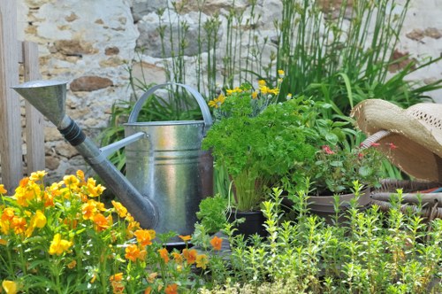 The garden features a variety of lush green plants, including a central potted herb with broad, ruffled leaves, likely parsley, surrounded by smaller flowering plants with pink and yellow blossoms. To the left, there is a cluster of vibrant orange and yellow marigolds growing densely along the ground, adding a splash of bright colour. Behind the plants, a silver metal watering can with a curved handle and spout is situated, suggesting recent or ongoing garden maintenance. In the background, tall, narrow grasses are visible, along with a weathered stone wall providing a rustic backdrop typical of a highgate garden space. To the right, part of a woven straw hat rests on the edge of a pot, hinting at a gardener at work. The overall scene is set in natural outdoor daylight, with the lighting highlighting the fresh greenery and colourful blooms, creating a peaceful and productive gardening environment typical of a well-kept suburban garden in Highgate, London, suitable for gardening and outdoor maintenance services offered by landscapershighgate.co.uk.